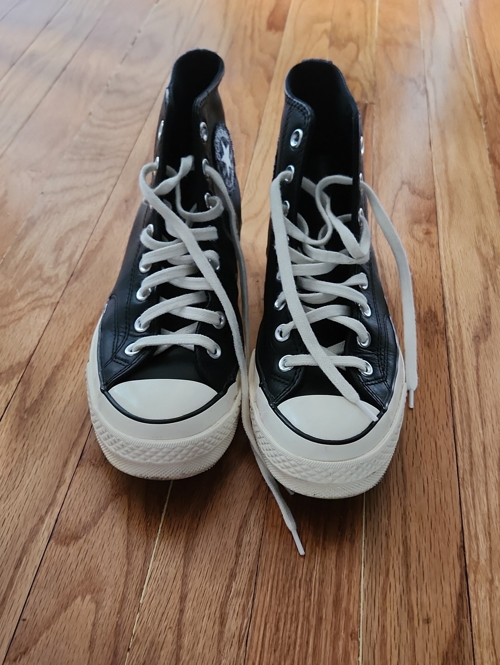 Converse Black Leather High Tops With Blue Plaid Detail. Women's 9 / Men's 7